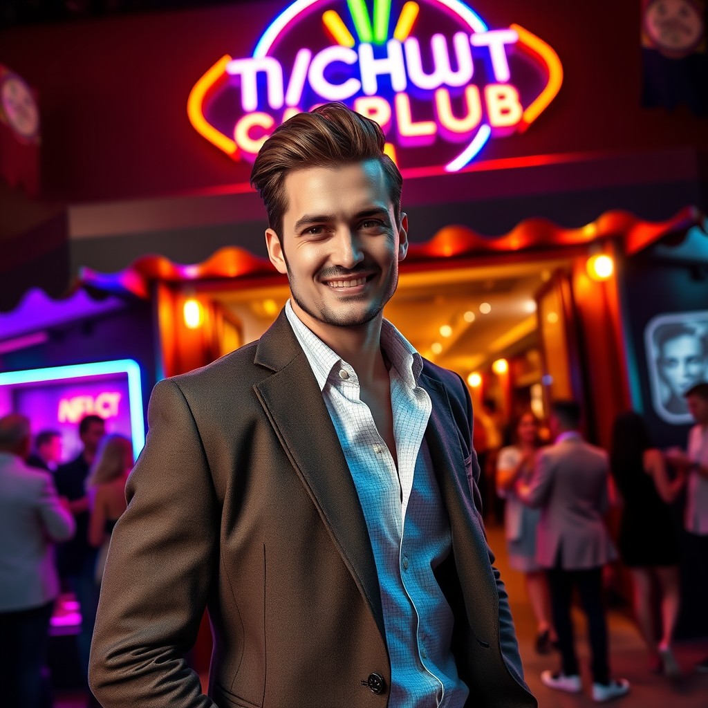 A well-groomed man standing confidently in front of a vibrant nightclub, dressed in a stylish outfit with a tailored jacket, showing off impeccable hair and a charming smile