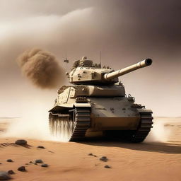 A colossal tank thundering across the arid desert landscape, its heavy treads kicking up sand plumes. Its roaring engine echoing through the vast, empty desert