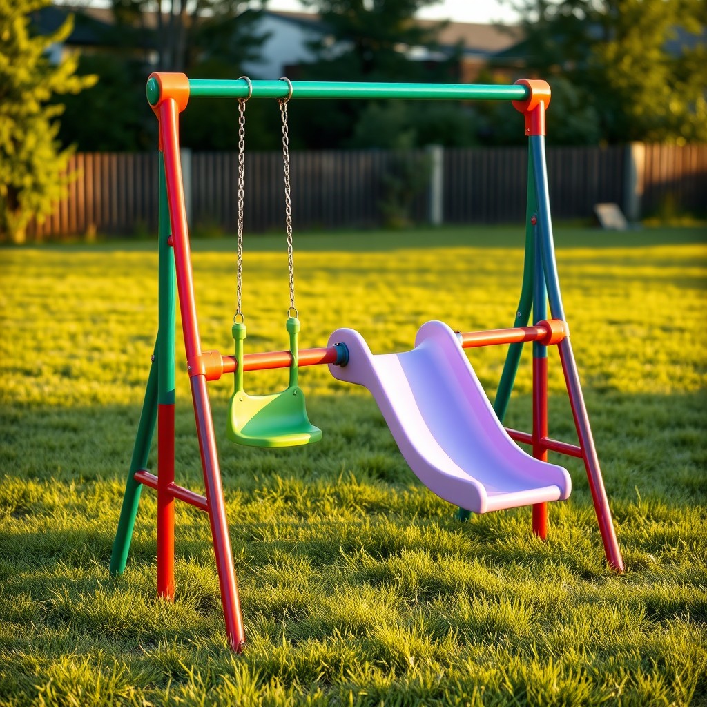 A photorealistic photograph of an outdoor children's play structure in a grassy backyard, standing approximately 1