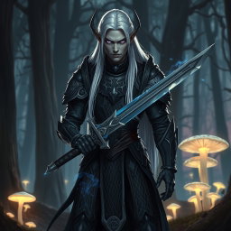 A fierce and noble dark elf warrior, standing in a mystical forest at twilight