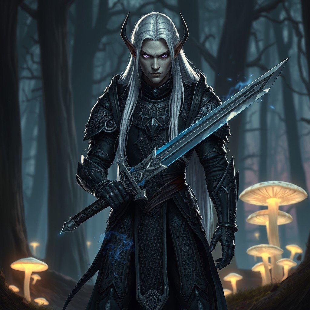 A fierce and noble dark elf warrior, standing in a mystical forest at twilight