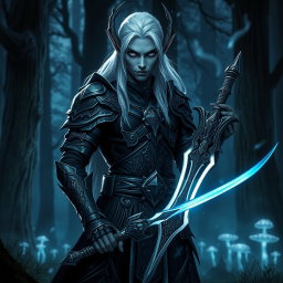 A fierce and noble dark elf warrior, standing in a mystical forest at twilight