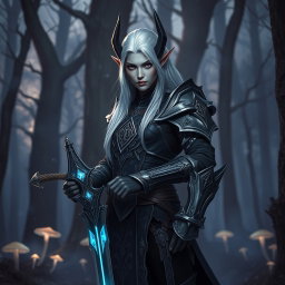 A fierce and noble dark elf warrior, standing in a mystical forest at twilight