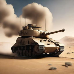 A colossal tank thundering across the arid desert landscape, its heavy treads kicking up sand plumes. Its roaring engine echoing through the vast, empty desert