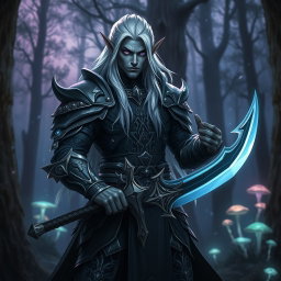 A fierce and noble dark elf warrior, standing in a mystical forest at twilight