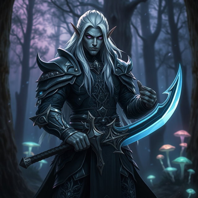 A fierce and noble dark elf warrior, standing in a mystical forest at twilight