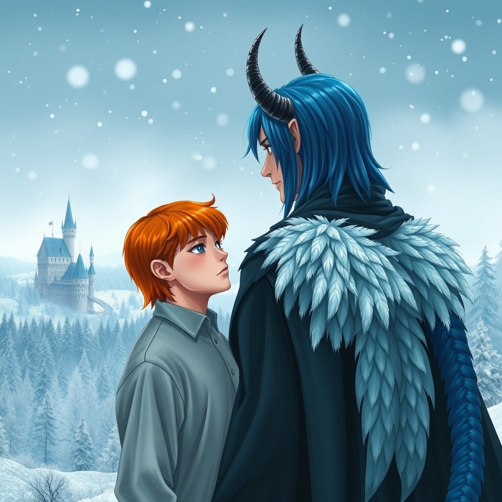 A captivating winter scene featuring two distant castles, with a lush forest in the background, as soft snowflakes gently fall from the sky