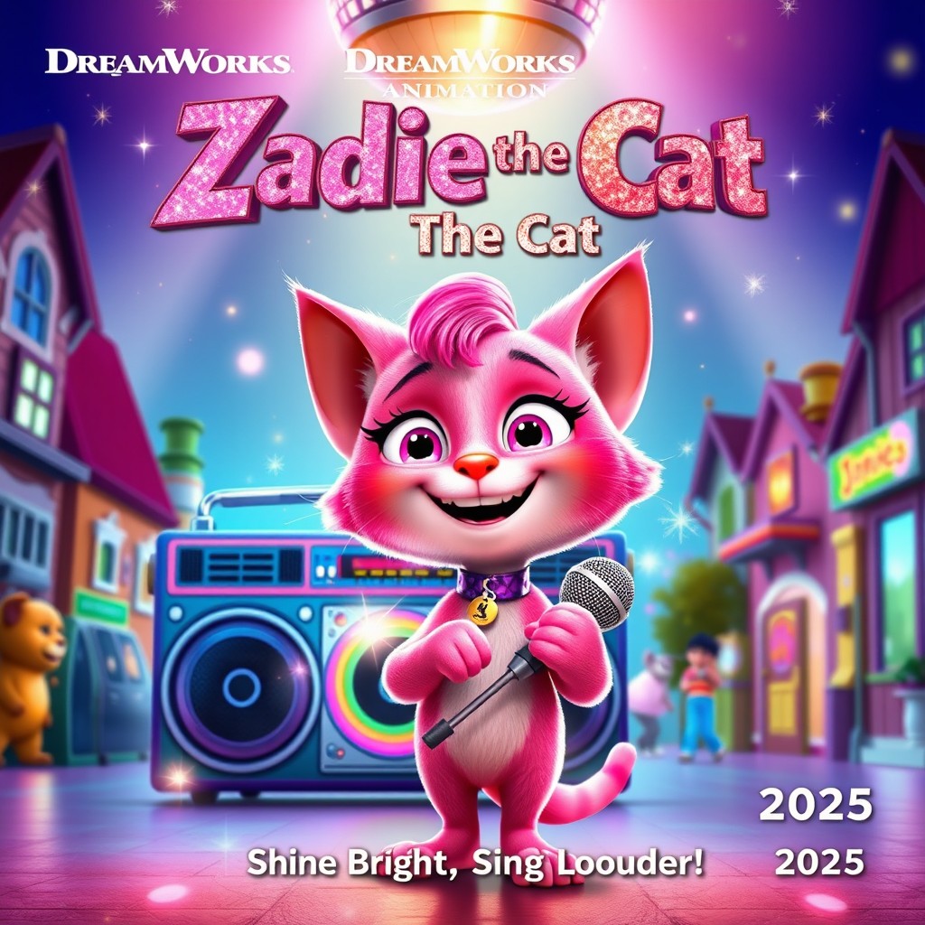 A vibrant and cheerful animated movie poster in the style of DreamWorks Animation featuring Zadie, a joyful pink cat