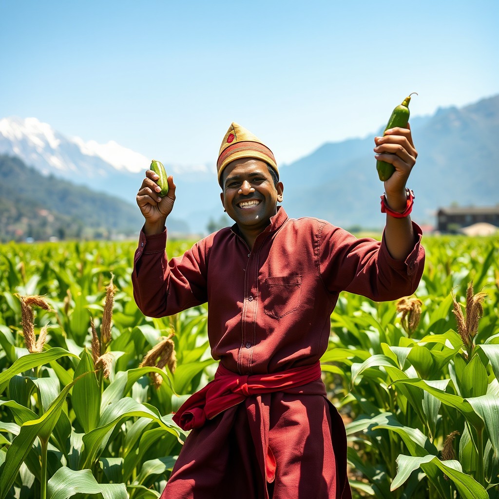 A cheerful Nepali man wearing a traditional Dhaka topi and daura suruwal dancing joyfully in a lush green cornfield