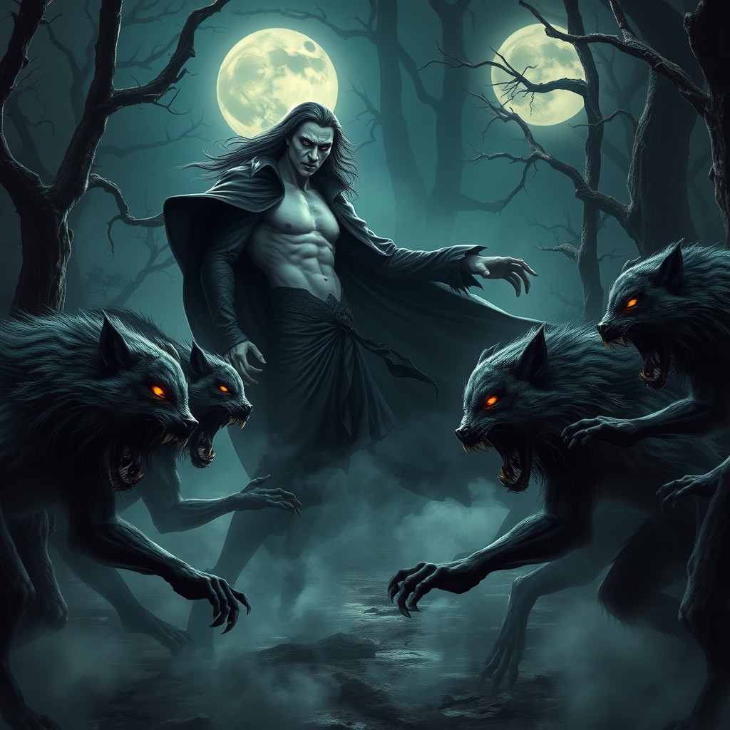 An epic battle scene showcasing a fierce confrontation between a vampire and a pack of werewolves