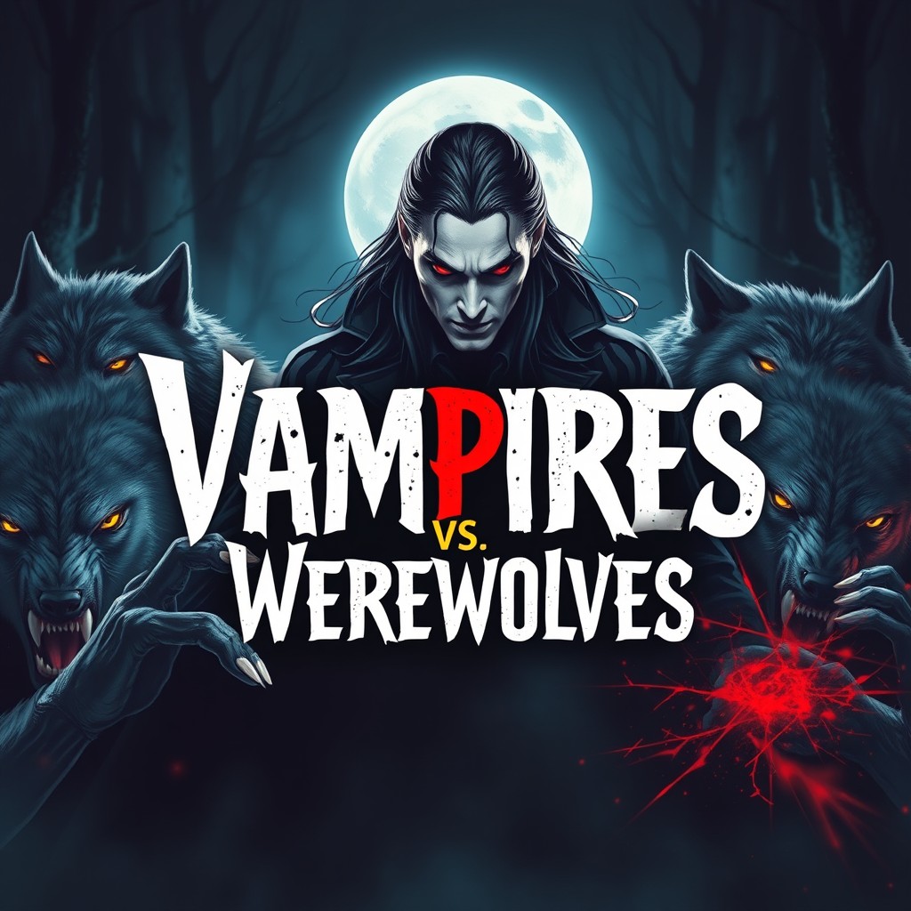 A striking thumbnail design featuring an intense battle of vampires versus werewolves