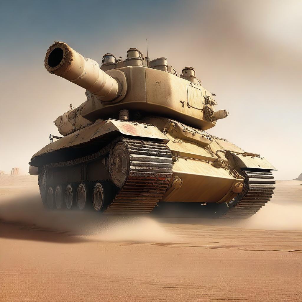 A colossal tank thundering across the arid desert landscape, its heavy treads kicking up sand plumes. Its roaring engine echoing through the vast, empty desert