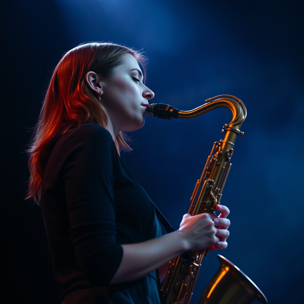 A beautiful redhead woman passionately playing a saxophone, her eyes closed as she immerses herself in the music