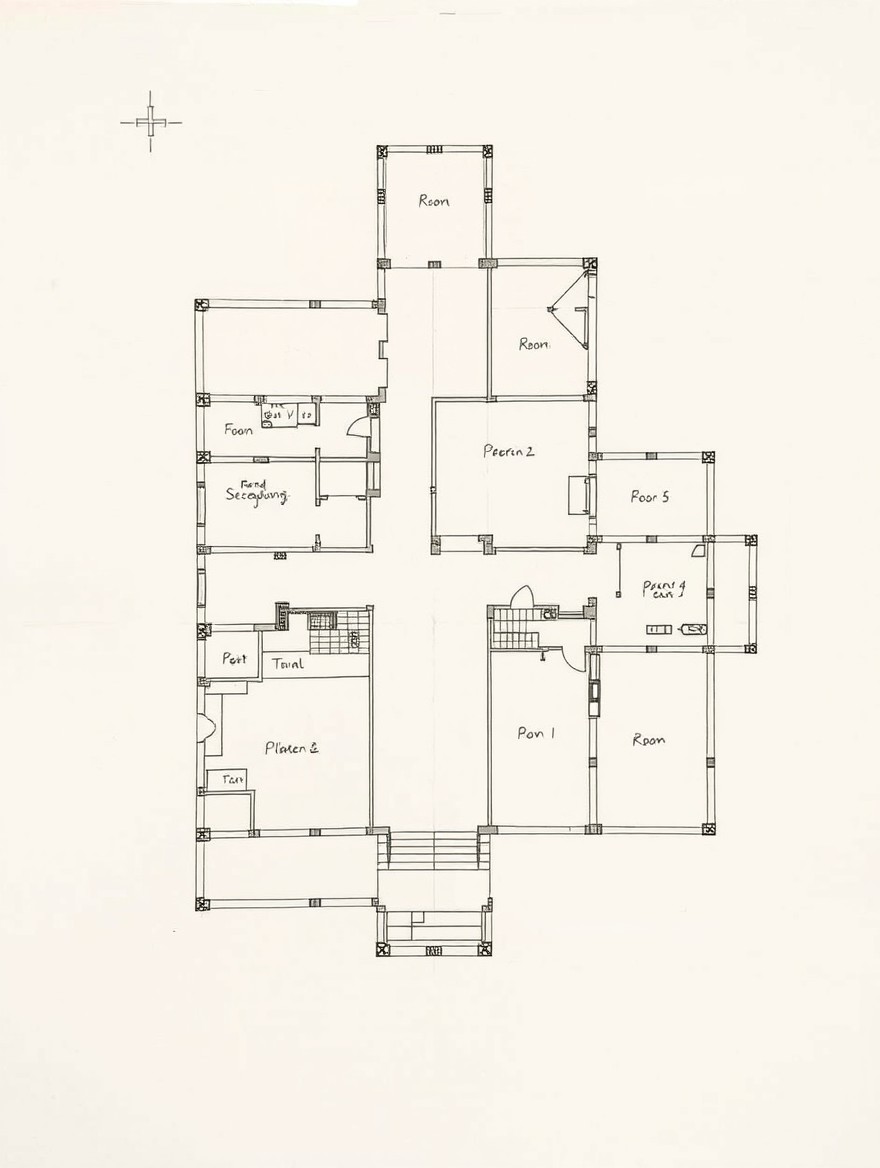 An intricate ink drawing of the floor plan of the Luis Kahn Adler House, showcasing its unique architectural features