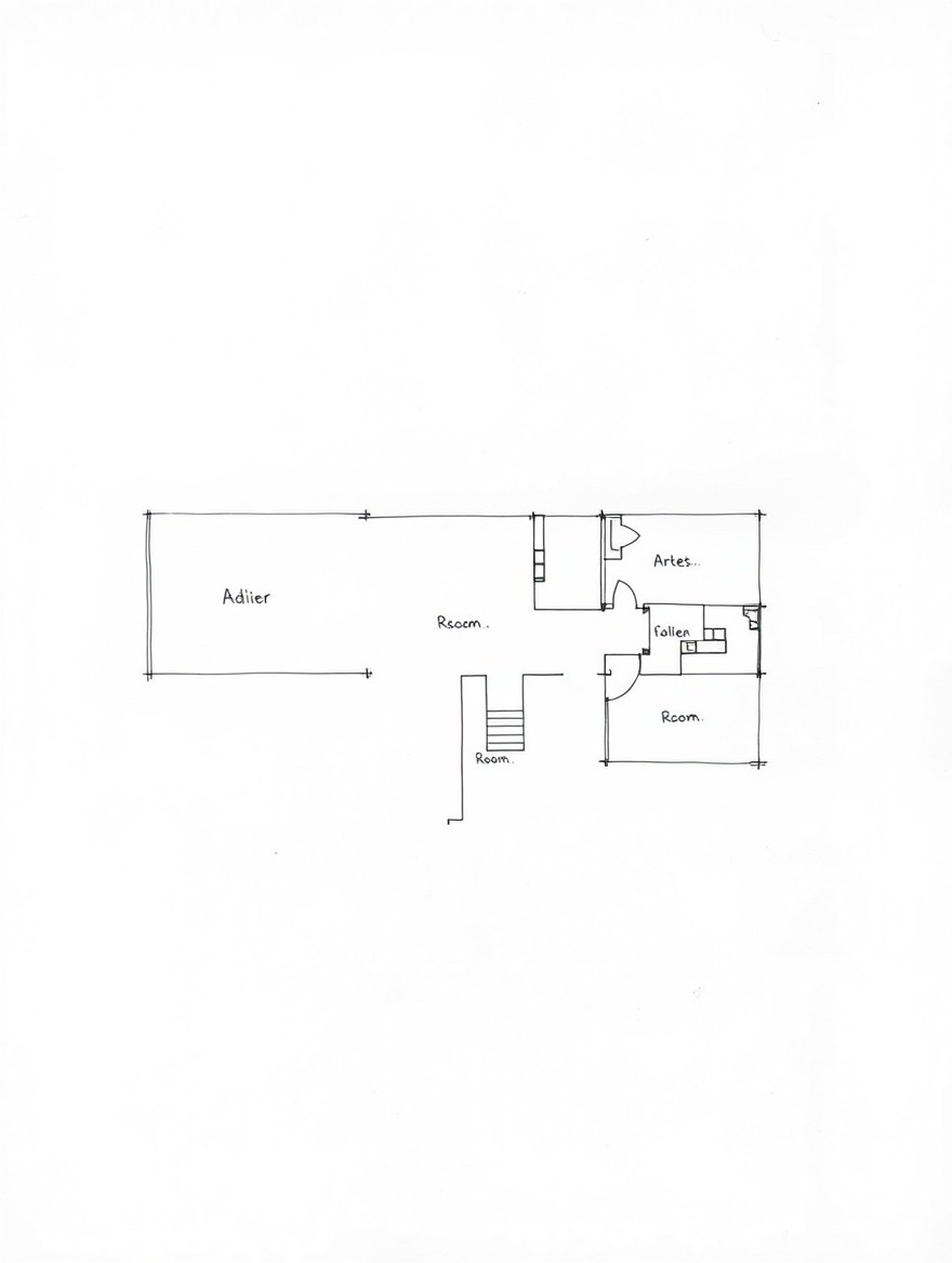 A minimalist ink drawing of the floor plan of the Luis Kahn Adler House, featuring loose and fluid line work that conveys the essence of the architectural design in a simplified manner
