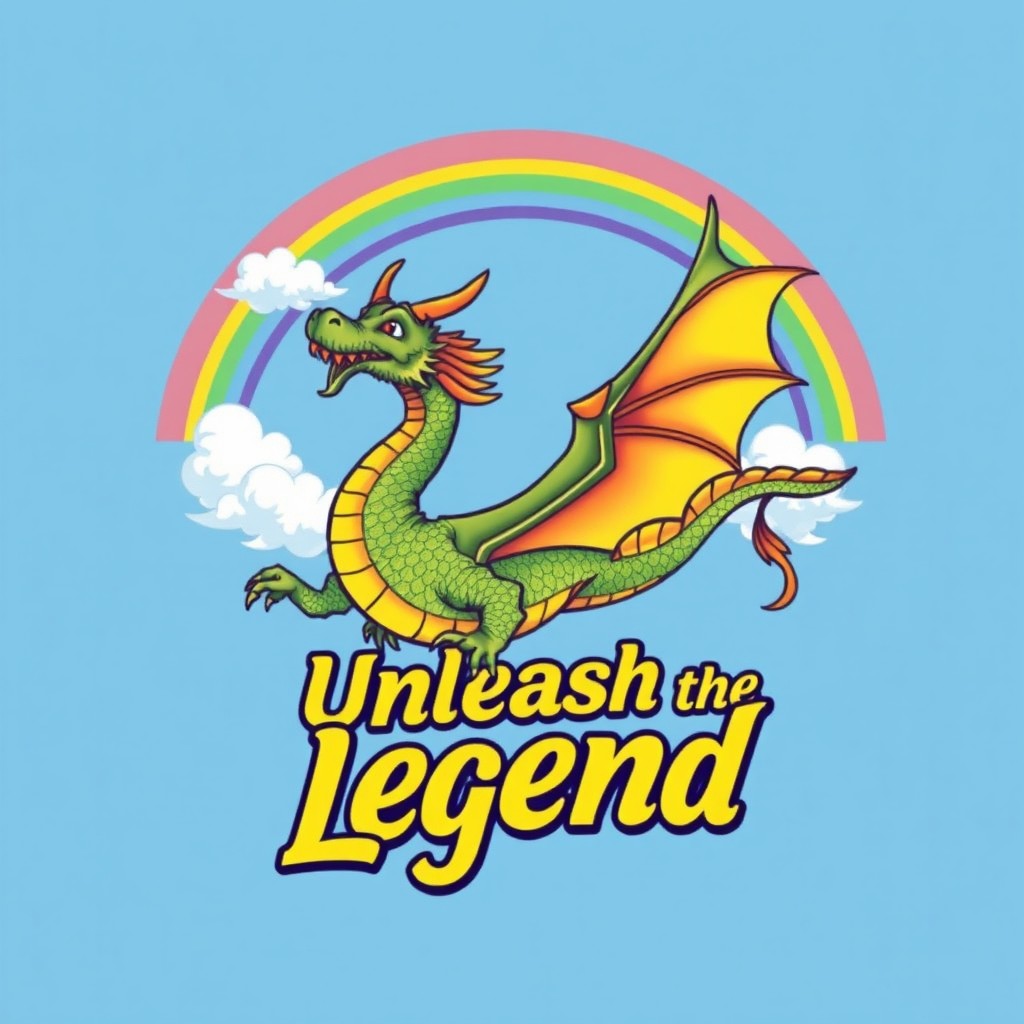 A vibrant and eye-catching graphic design for a t-shirt featuring a stylized illustration of a mythical dragon soaring through a bright blue sky, with fluffy white clouds and a colorful rainbow arching across the background