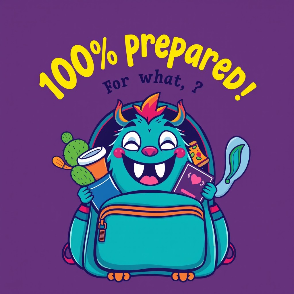 A whimsical and fun backpack design featuring a cheerful, cartoon-style monster peeking out with an excited expression