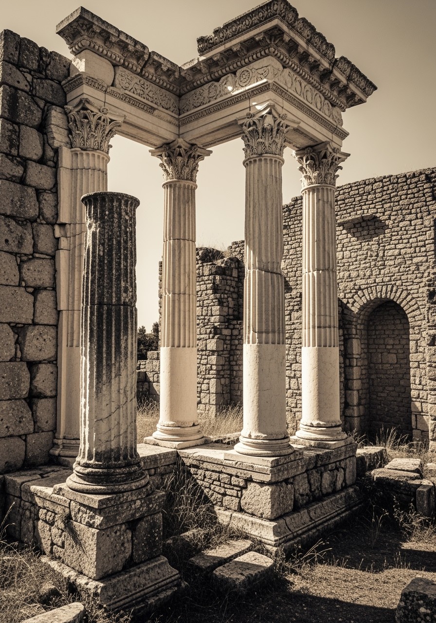 An exquisite architectural photograph of classical ruins, showcasing intricate details of ancient stone structures and weathered columns