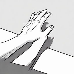 A simple line drawing of a hand reaching for a pen on a table.