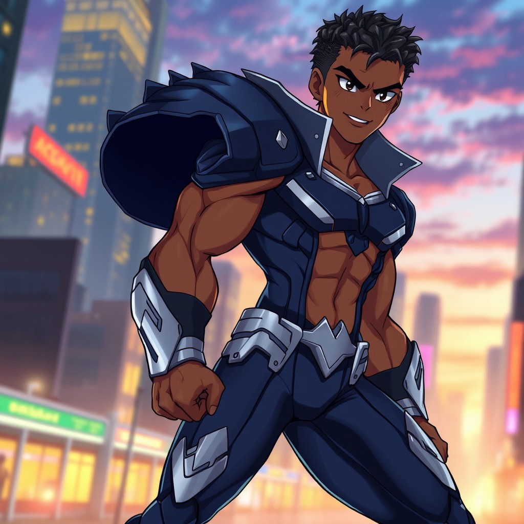 A stylized full-body character portrait of a black anime male character with vibrant, expressive features