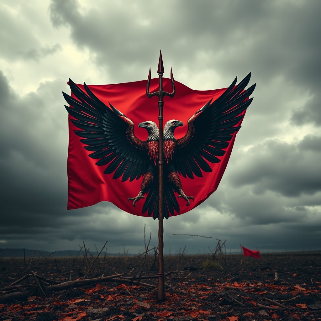 Against a backdrop of gloomy weather and scorched earth, a flag of red and black colors stands prominently