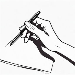 A simple line drawing of a hand reaching for a pen on a table.