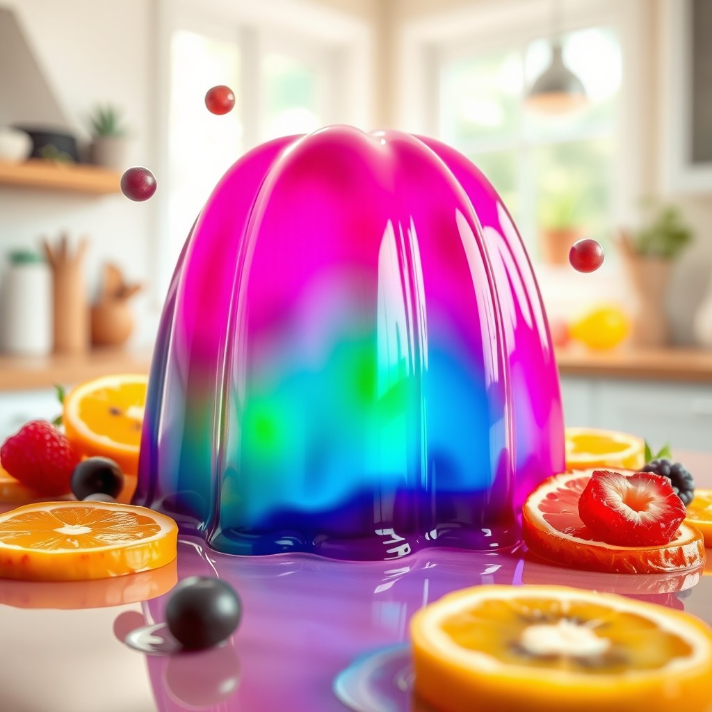 A vibrant and lively scene depicting a colorful jelly-like substance jiggle as it vibrates and wobbles