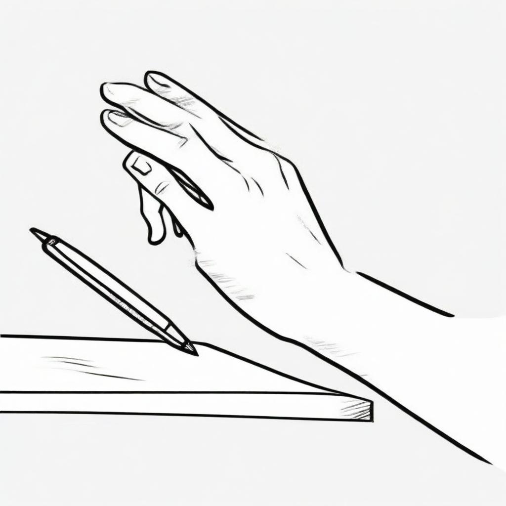 A simple line drawing of a hand reaching for a pen on a table.