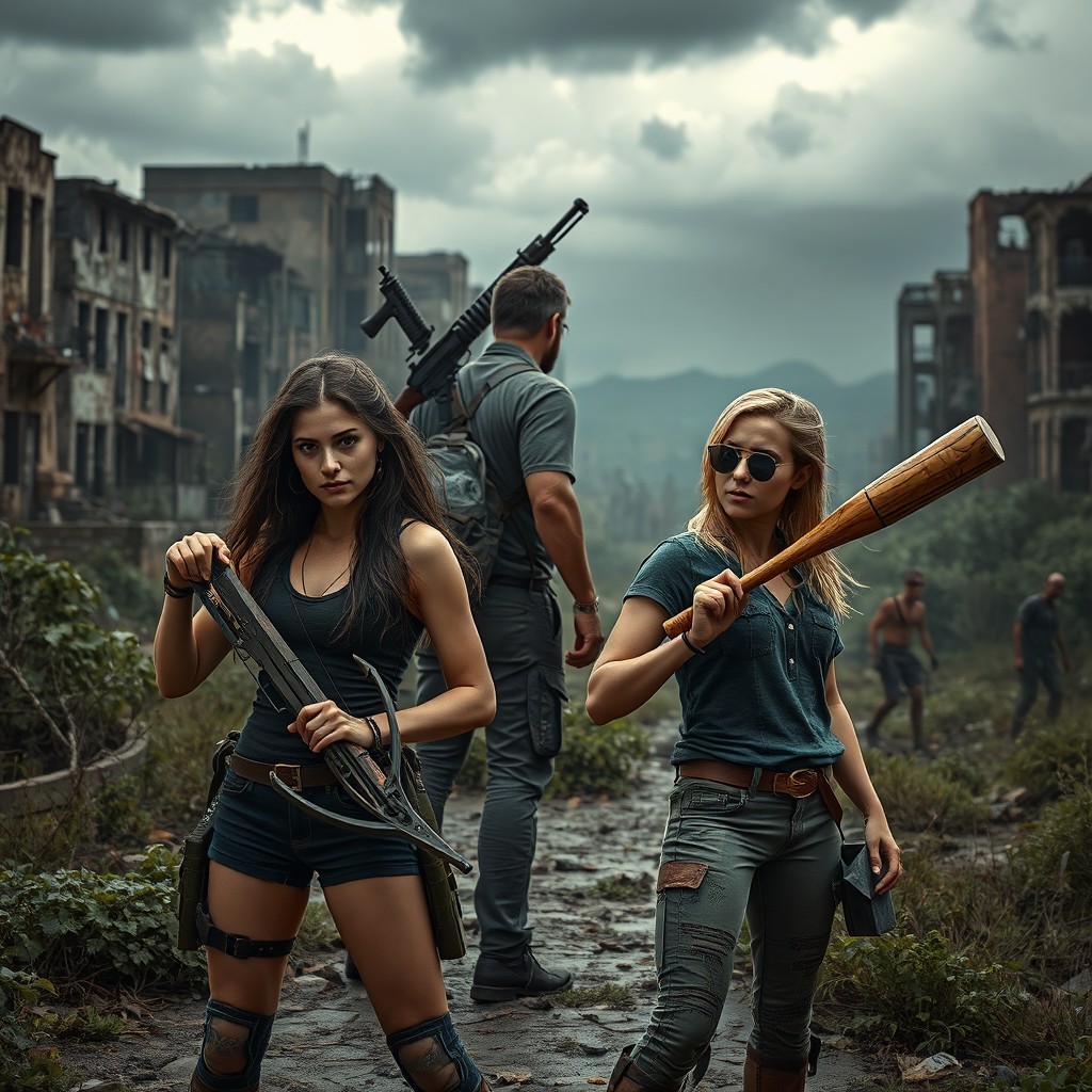 Two fierce young women, one with a crossbow and the other with a baseball bat, stand confidently in the foreground of a dilapidated apocalyptic city