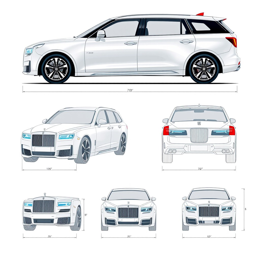 A collection of 7 car blueprints featuring a stylish fusion of the Suzuki Wagon R and Rolls-Royce, showcasing detailed views from the front, back, right side, left side, and top