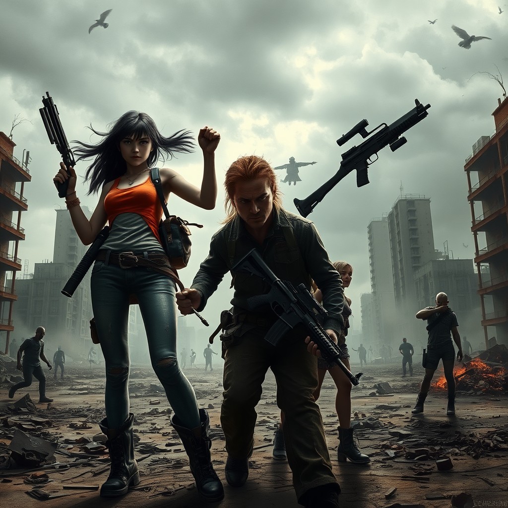 A dramatic scene depicting two fierce girls, each armed with visible weapons, standing in a desolate, apocalyptic city