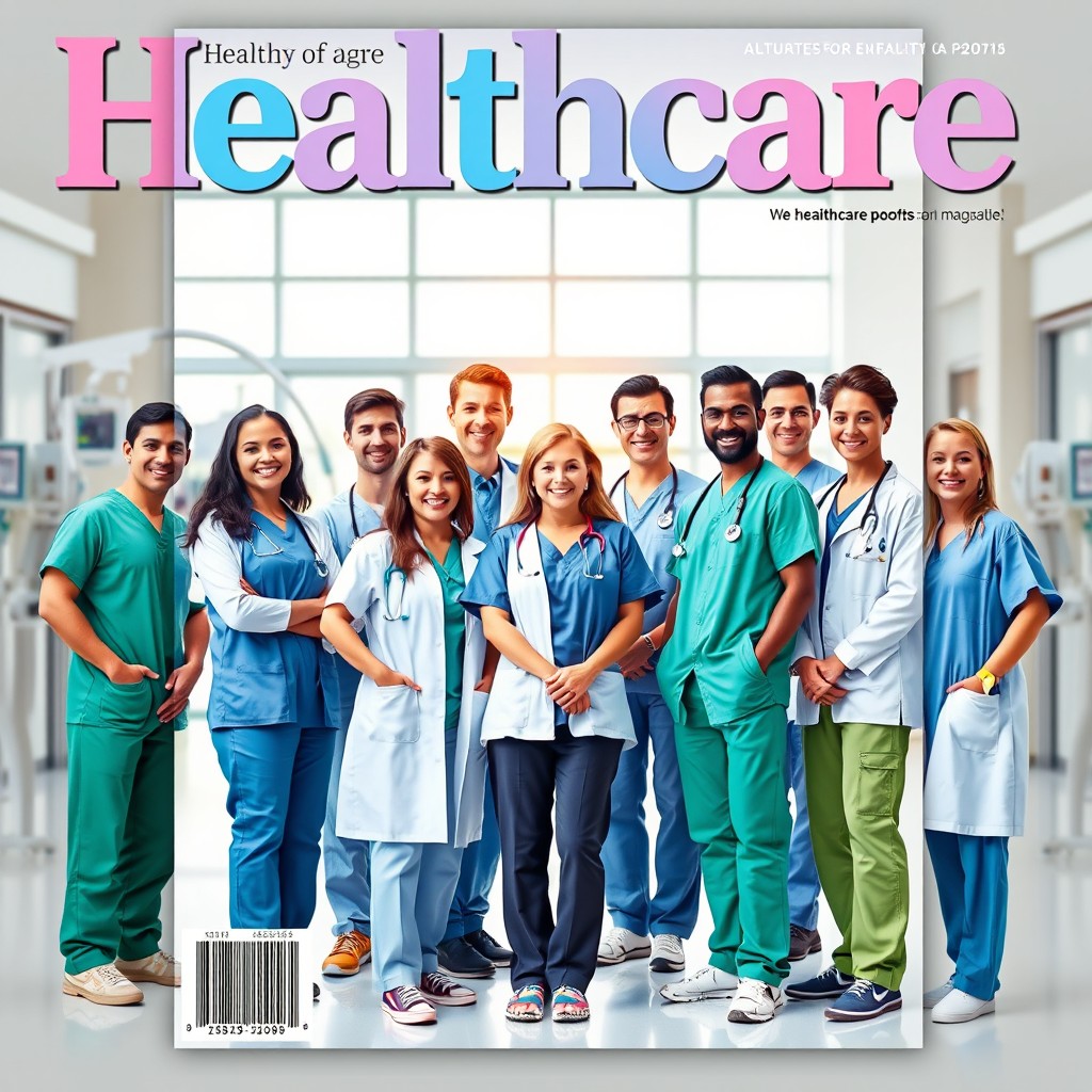A vibrant and engaging healthcare magazine cover, featuring a diverse group of smiling healthcare professionals in scrubs and white coats, standing together in a hospital setting
