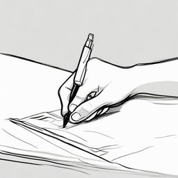 A simple line drawing of a hand reaching for a pen on a table.