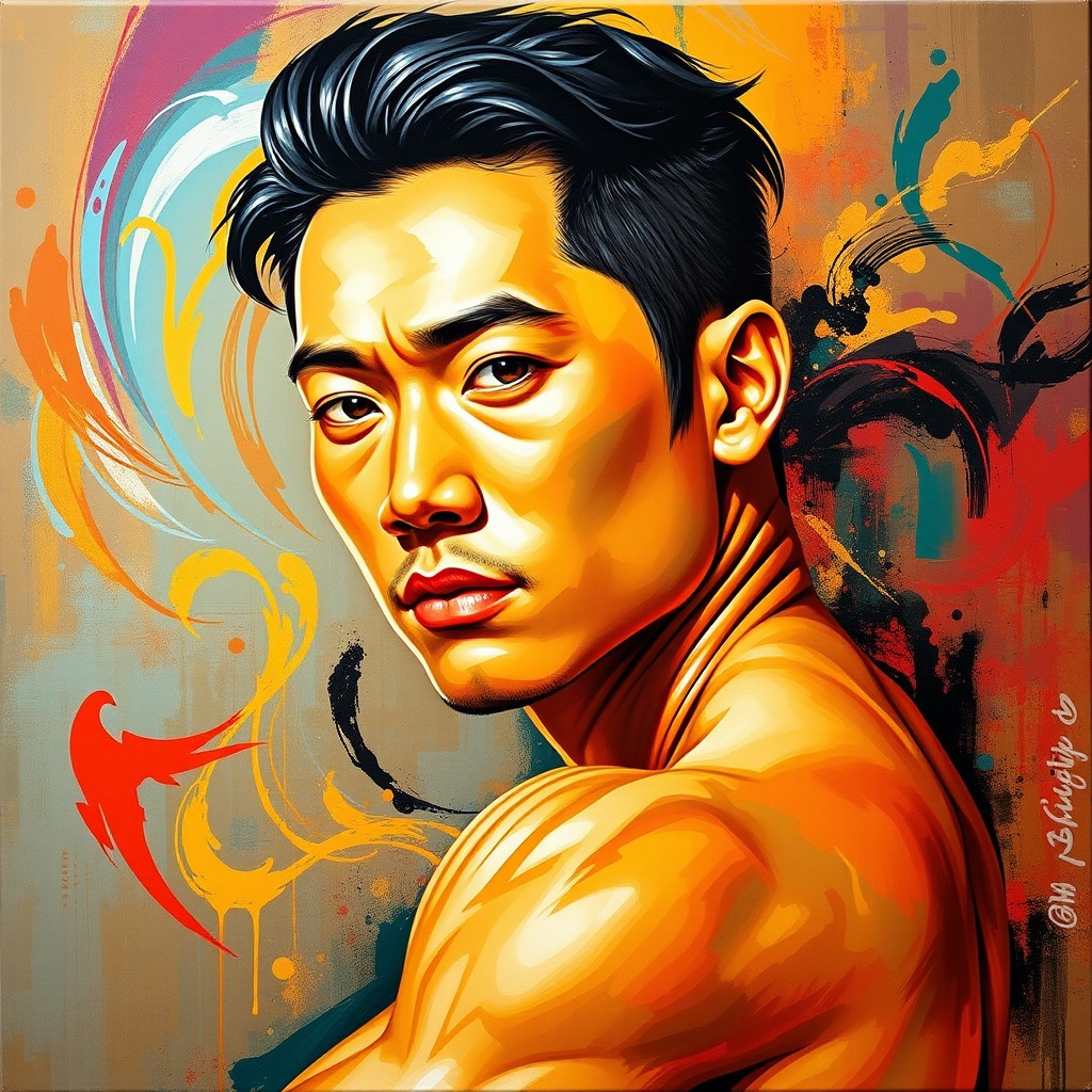 An artistic depiction of a masculine Asian man, captured in a stunning canvas painting