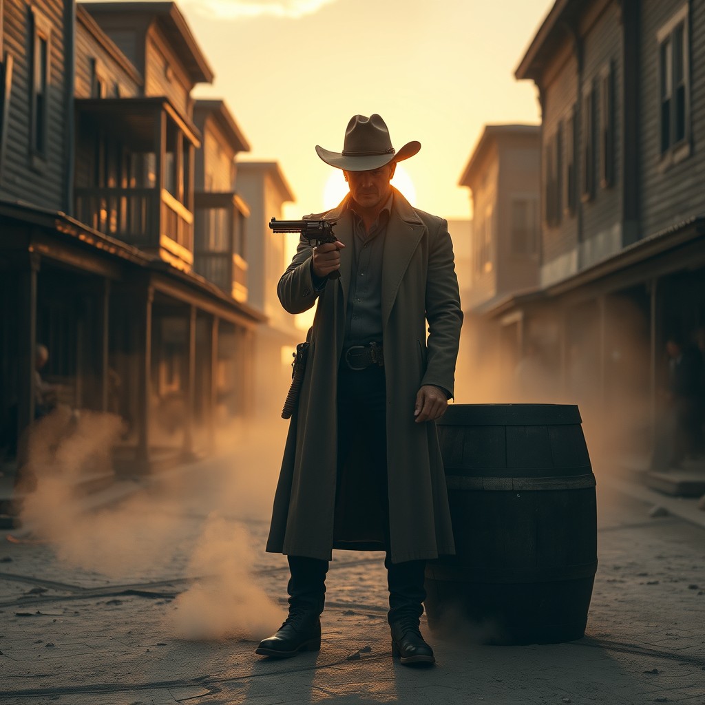 Tense Showdown: A Gunslinger in a Dusty Town