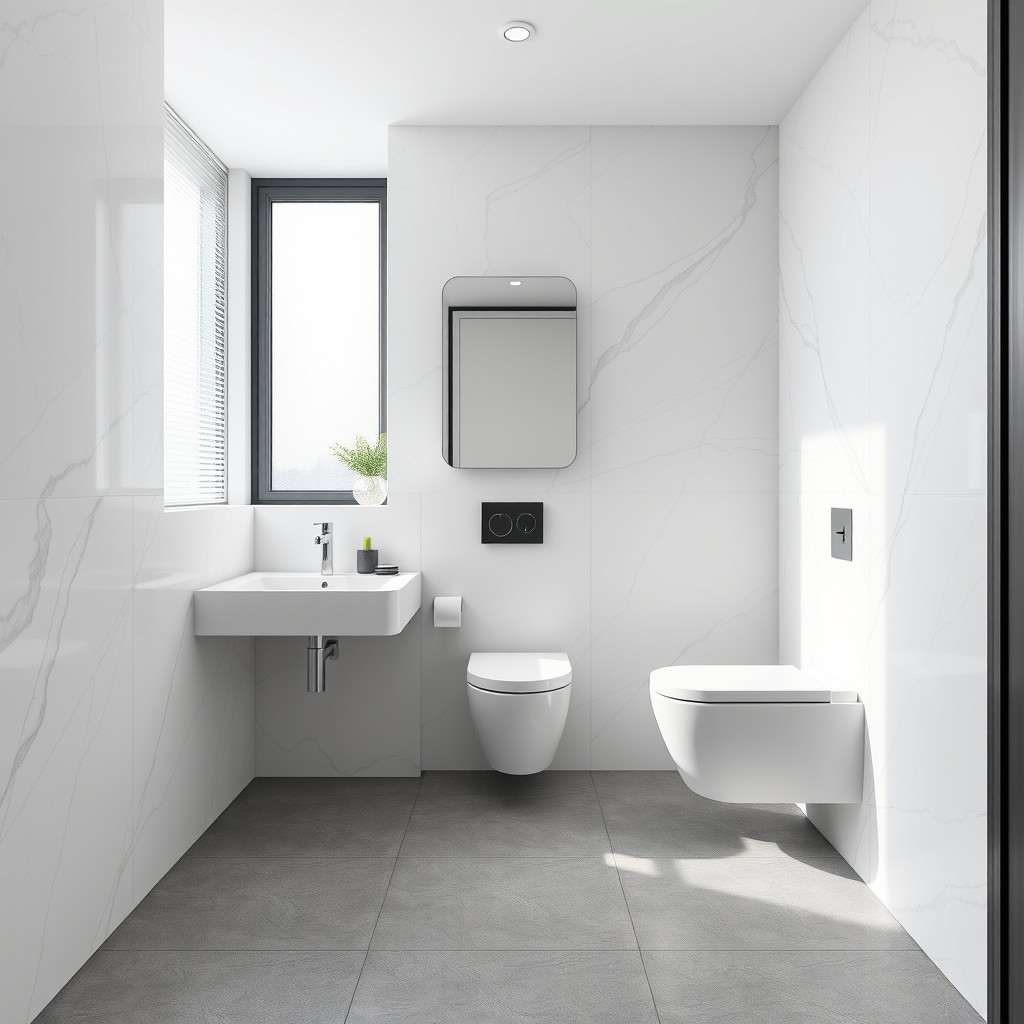 A modern bathroom design featuring a sleek gray tiled floor and elegant white marble walls