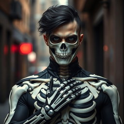 An intriguing image of a man clad in a stylish, form-fitting skeleton suit that has been uniquely adjusted, featuring elaborate designs that create a captivating look