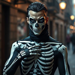 An intriguing image of a man clad in a stylish, form-fitting skeleton suit that has been uniquely adjusted, featuring elaborate designs that create a captivating look