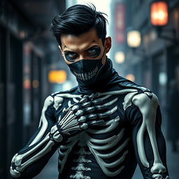 An intriguing image of a man clad in a stylish, form-fitting skeleton suit that has been uniquely adjusted, featuring elaborate designs that create a captivating look