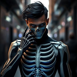 An intriguing image of a man clad in a stylish, form-fitting skeleton suit that has been uniquely adjusted, featuring elaborate designs that create a captivating look