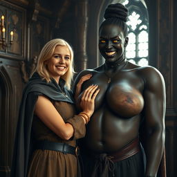 In a medieval room, a very happy young blonde woman, 19 years old, quite short with medium-length hair, wearing a noble cloak with a long closed collar and a thick golden bracelet