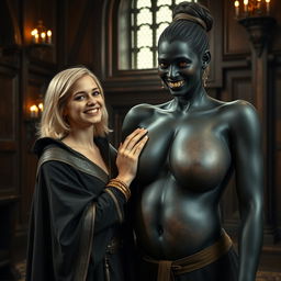 In a medieval room, a very happy young blonde woman, 19 years old, quite short with medium-length hair, wearing a noble cloak with a long closed collar and a thick golden bracelet