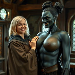 In a medieval room, a very happy young blonde woman, 19 years old, quite short with medium-length hair, wearing a noble cloak with a long closed collar and a thick golden bracelet