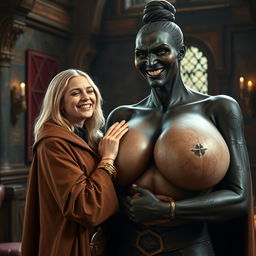 In a medieval room, a very joyful young blonde woman, 19 years old and quite short with medium-length hair, wearing a noble cloak with a long closed collar and a thick golden bracelet