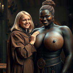 In a medieval room, a very joyful young blonde woman, 19 years old and quite short with medium-length hair, wearing a noble cloak with a long closed collar and a thick golden bracelet