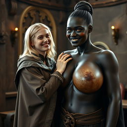 In a medieval room, a very joyful young blonde woman, 19 years old and quite short with medium-length hair, wearing a noble cloak with a long closed collar and a thick golden bracelet