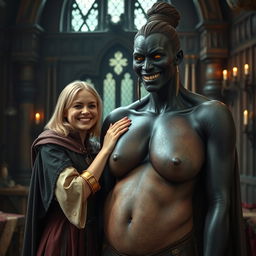 In a medieval room, a very happy, malnourished young blonde woman, 19 years old, quite short with medium-length hair, wearing a noble cloak with a long closed collar and a thick golden bracelet