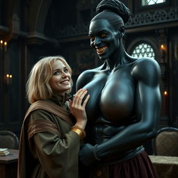 In a medieval room, a very happy, malnourished young blonde woman, 19 years old, quite short with medium-length hair, wearing a noble cloak with a long closed collar and a thick golden bracelet