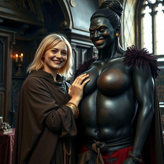 In a medieval room, a very happy, malnourished young blonde woman, 19 years old, quite short with medium-length hair, wearing a noble cloak with a long closed collar and a thick golden bracelet