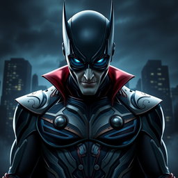 An imposing image of a supervillain, clad in a uniquely designed, form-fitting suit that has been expertly adjusted to enhance both style and functionality